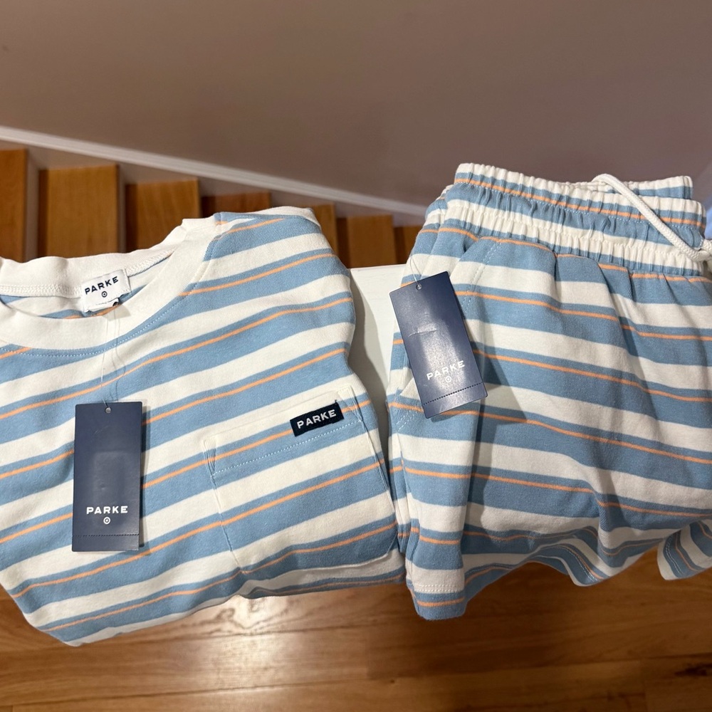 Parke x Target blue stripe shorts and t-shirt matching set